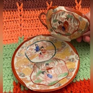 Hand Painted Japan Geisha Colorful Village Tea Cup and Saucer